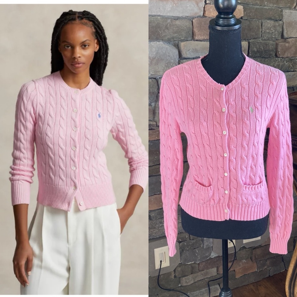Ralph Lauren Sport Pink Cable Knit Button Down Cardigan